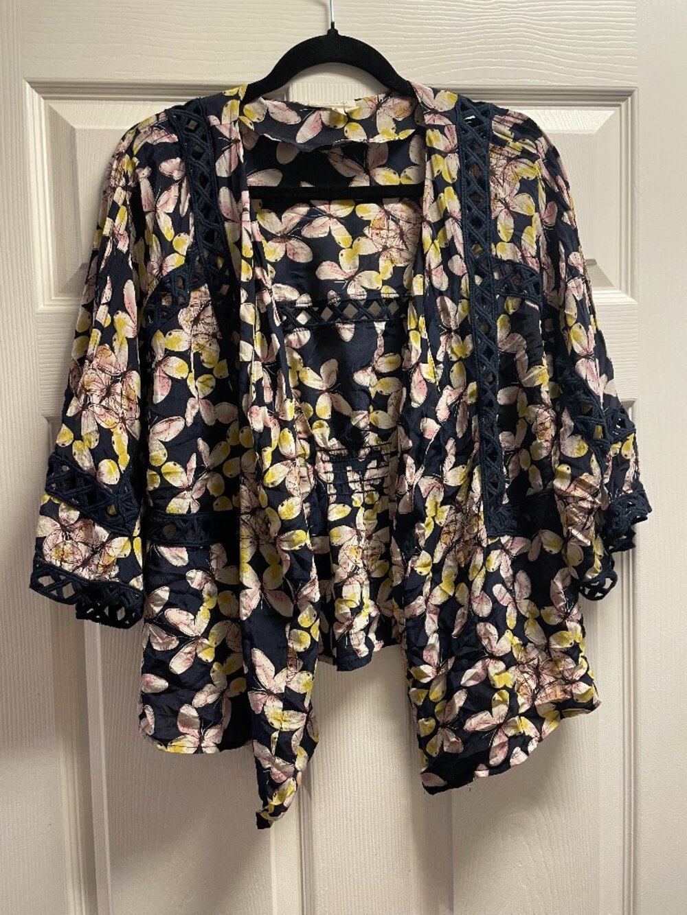 Anthropologie Silk Top Sz S Kimono Open Front Drape Butterfly BOHO Fairy Cottage